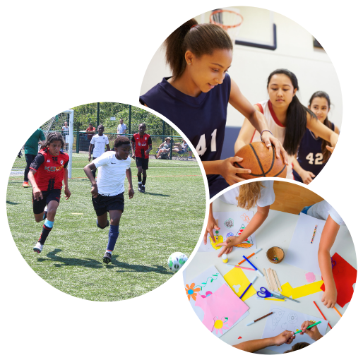 Collage of young people playing sports and doing art and craft